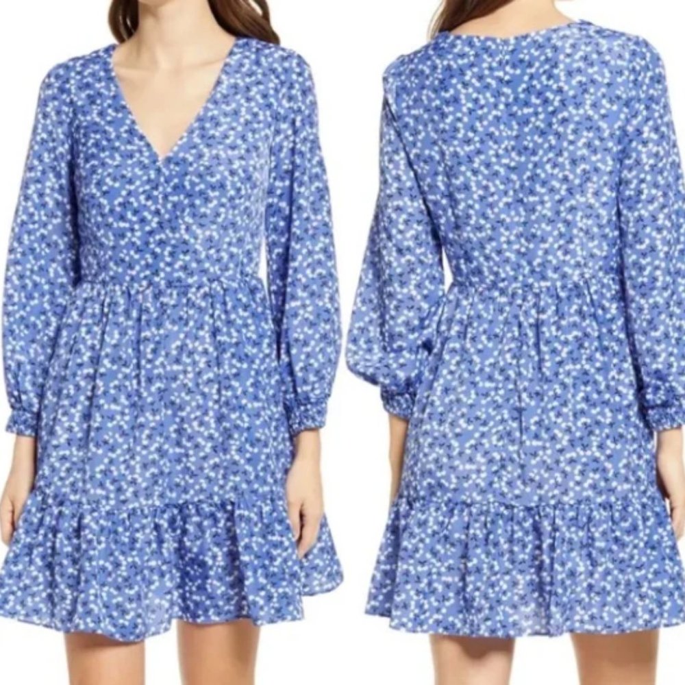 Eliza J Floral Cherries Surplice Neck Long Sleeve Fit & Flare Dress
